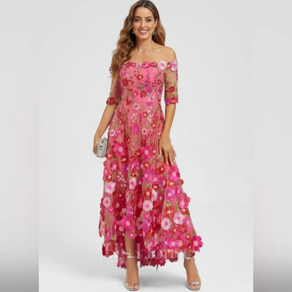 JJs House 3D Floral Pink Off-Shoulder Asymmetrical Dress. NWT. 20W. - Picture 3 of 6